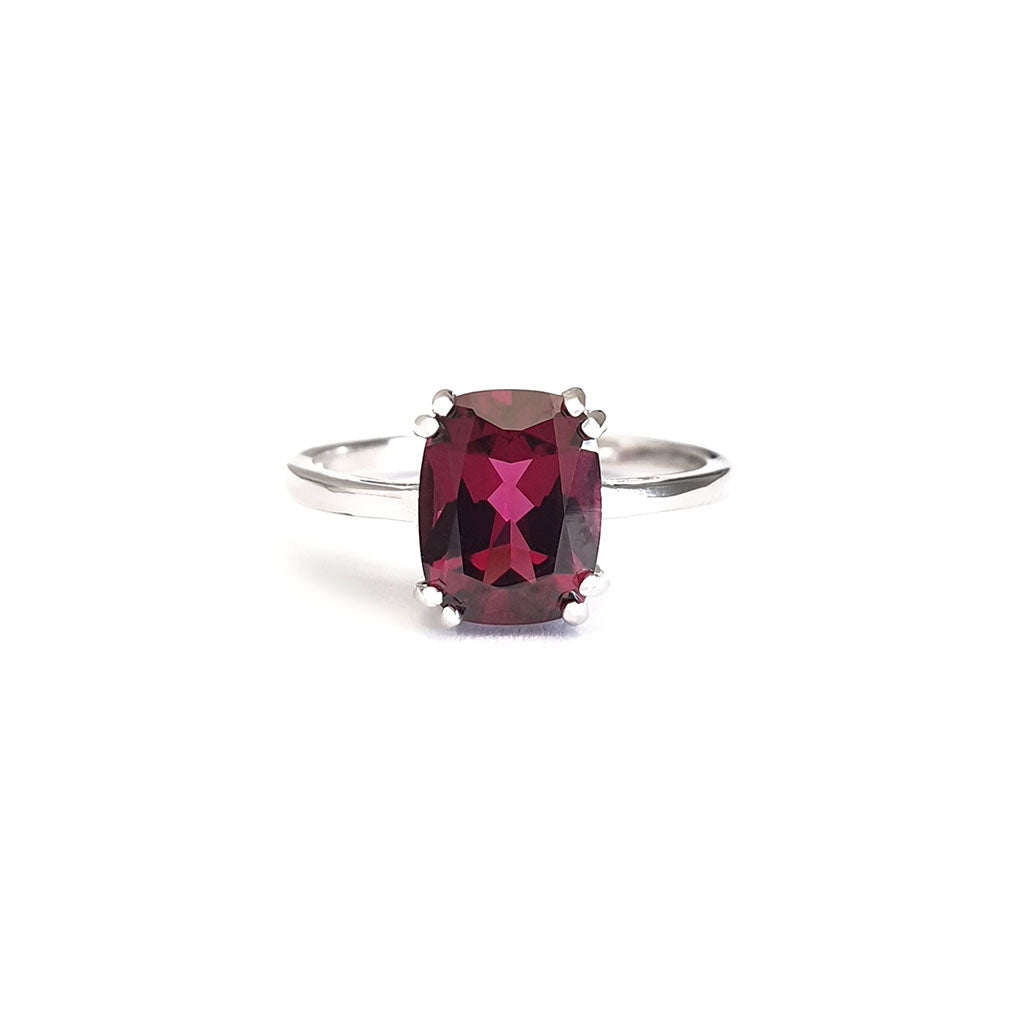 Silver Double Claw Rhodolite Cushion Cut Ring