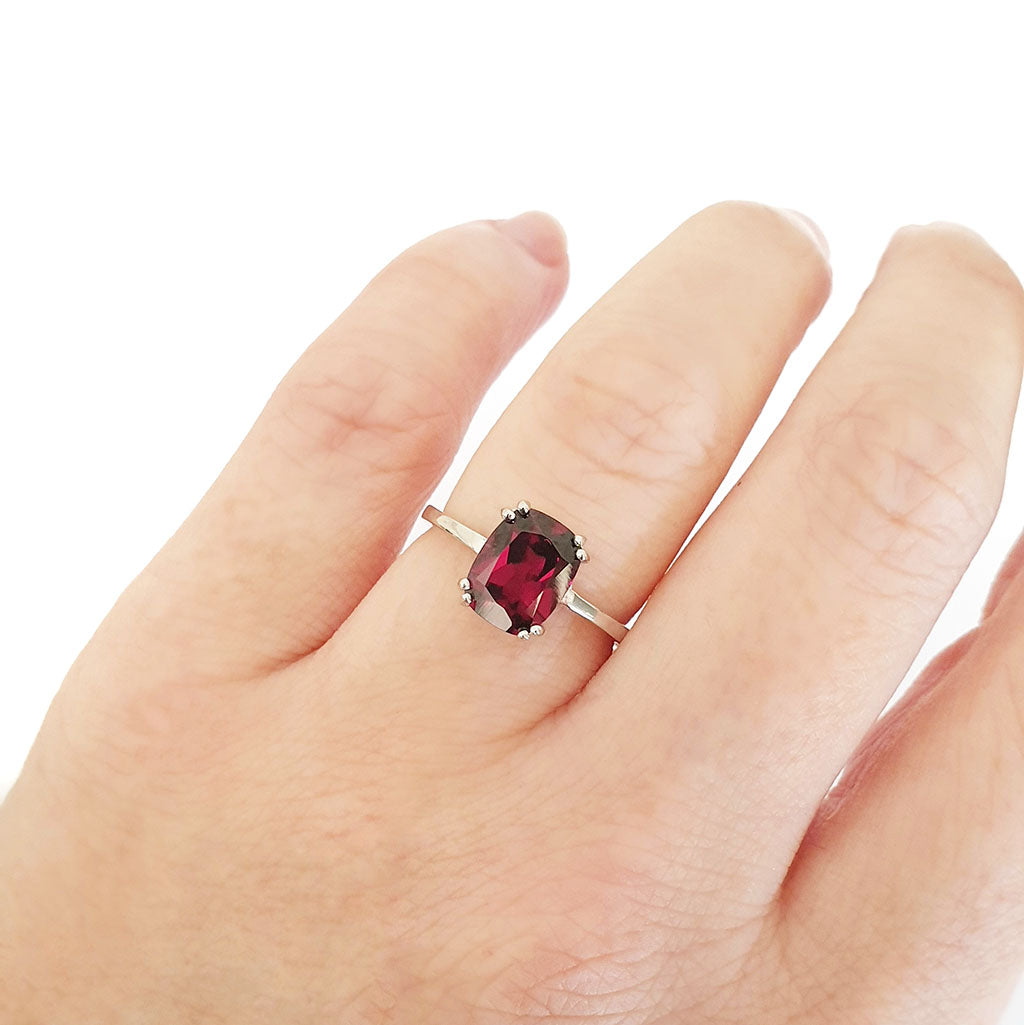 Silver Double Claw Rhodolite Cushion Cut Ring