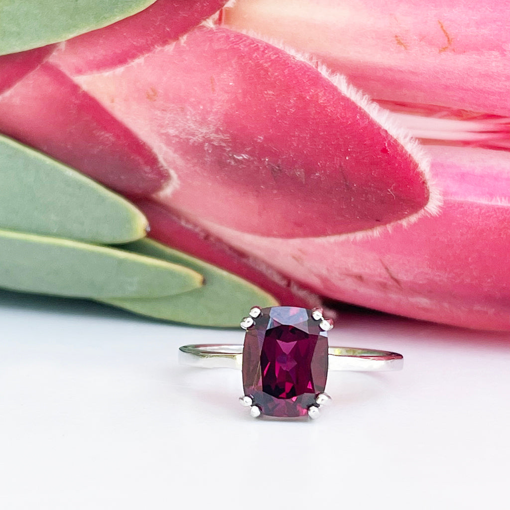 Silver Double Claw Rhodolite Cushion Cut Ring