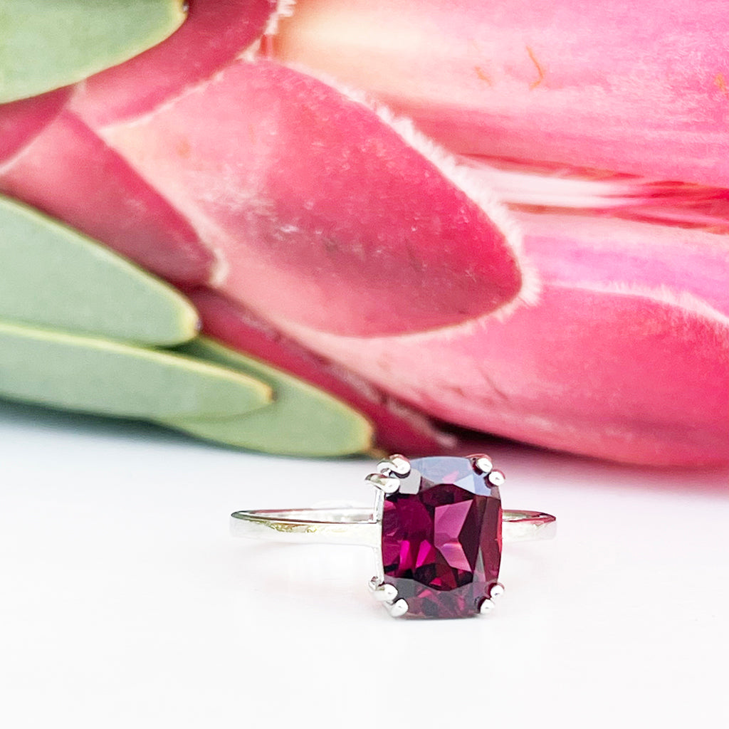 Silver Double Claw Rhodolite Cushion Cut Ring