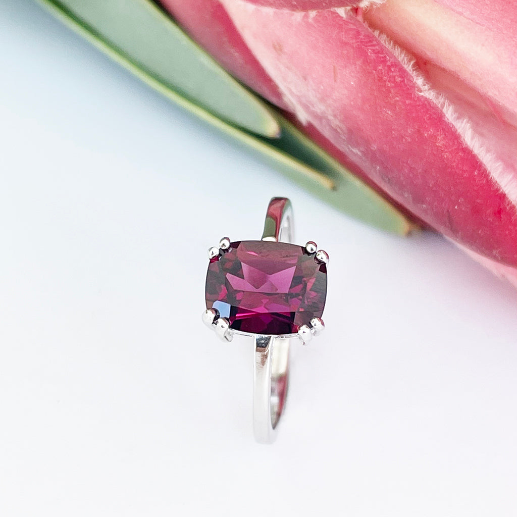Silver Double Claw Rhodolite Cushion Cut Ring