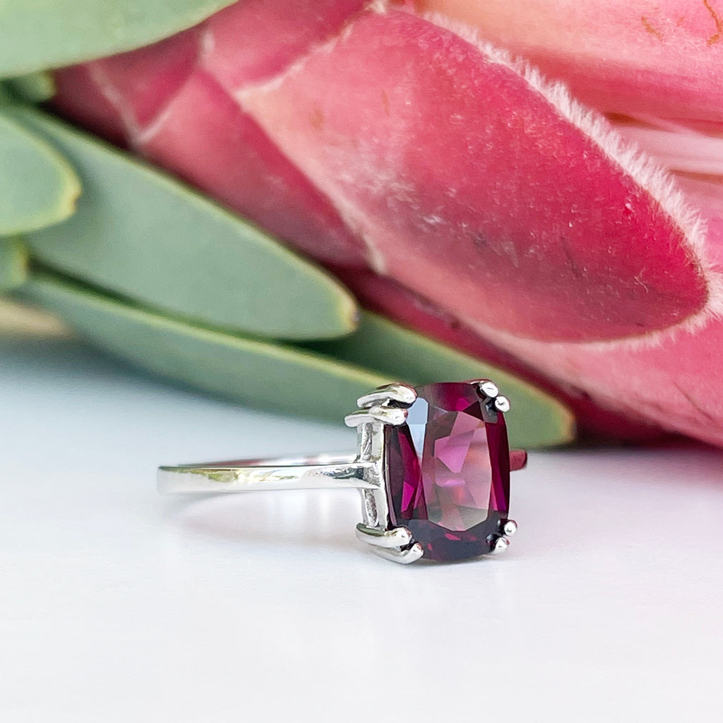 Silver Double Claw Rhodolite Cushion Cut Ring