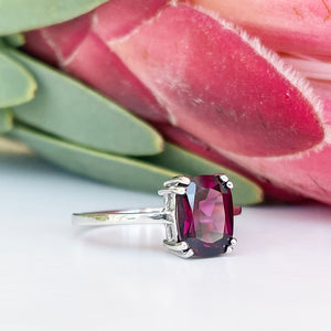 Silver Double Claw Rhodolite Cushion Cut Ring