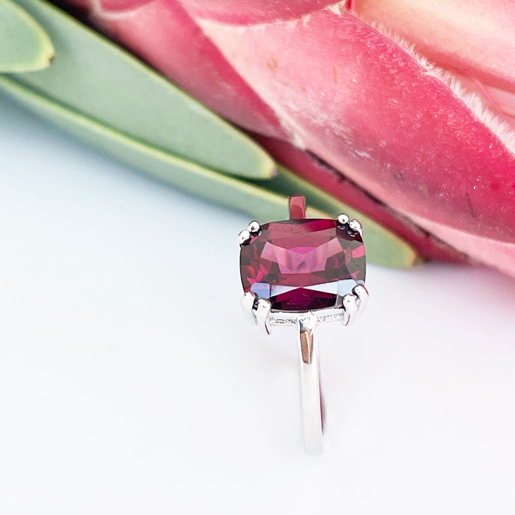 Silver Double Claw Rhodolite Cushion Cut Ring