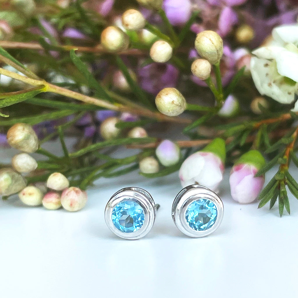 Silver Double Tube Blue Topaz Earrings