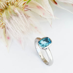 Silver Elongated Cushion Bezel Set Blue Topaz Ring