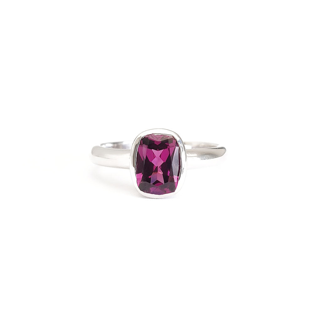 Silver Elongated Cushion Bezel Set Rhodolite Ring