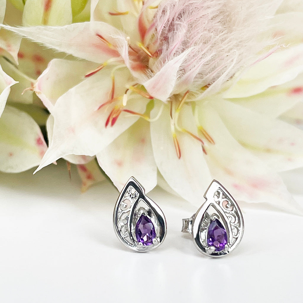 Silver Filigree Amethyst Studs