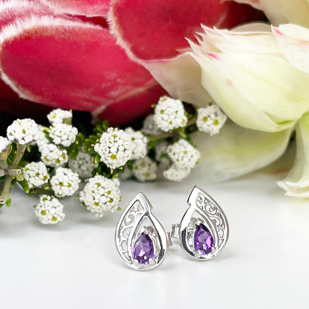 Silver Filigree Amethyst Studs