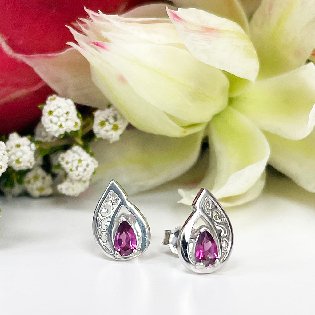 Silver Filigree Rhodolite Studs