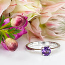 Silver Four Claw Solitaire Amethyst Round Cut Ring