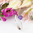 Silver Four Claw Solitaire Amethyst Round Cut Ring