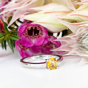 Silver Four Claw Solitaire Citrine Round Cut Ring