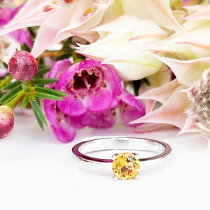 Silver Four Claw Solitaire Citrine Round Cut Ring