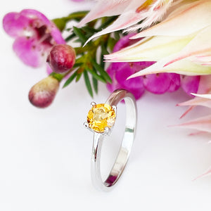 Silver Four Claw Solitaire Citrine Round Cut Ring
