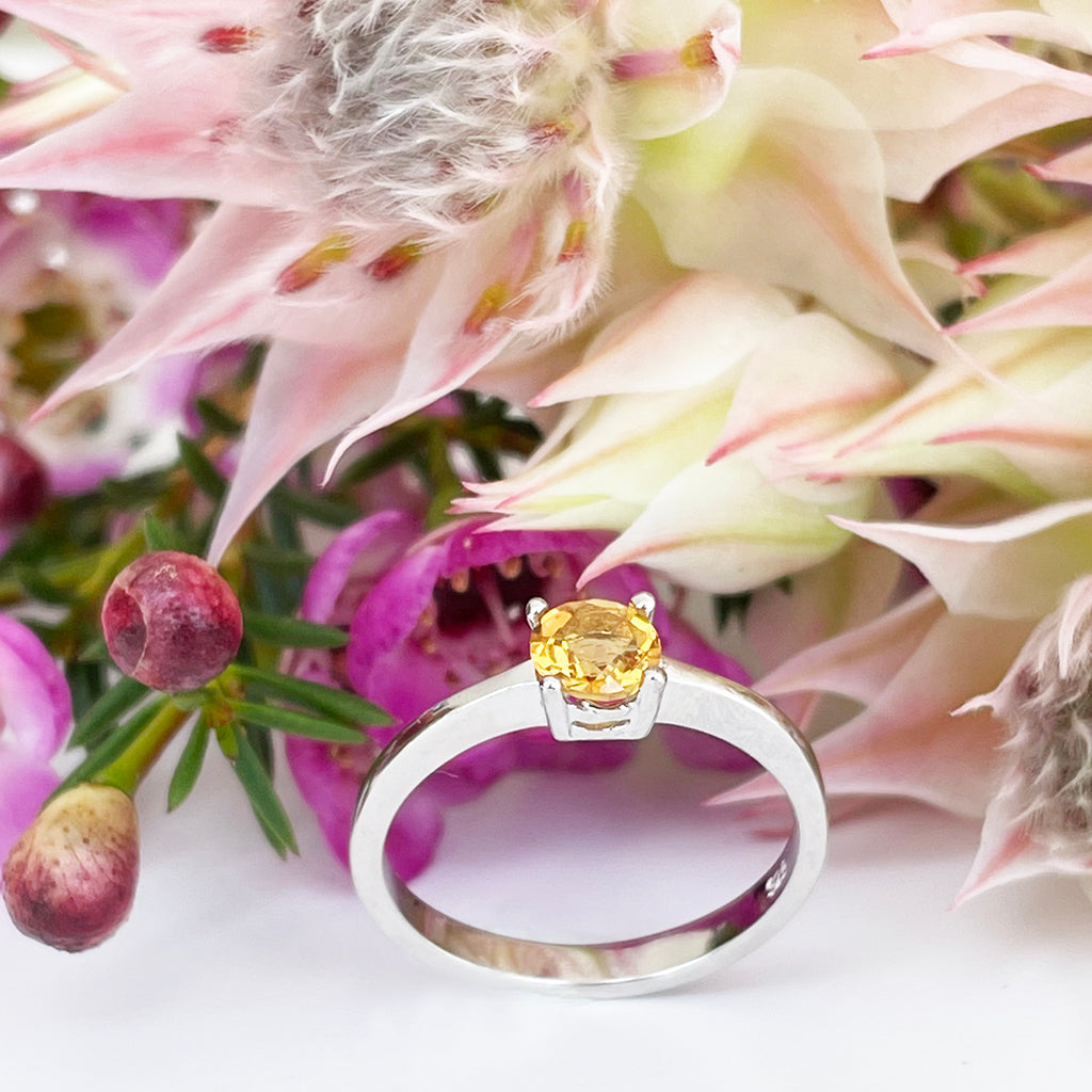 Silver Four Claw Solitaire Citrine Round Cut Ring