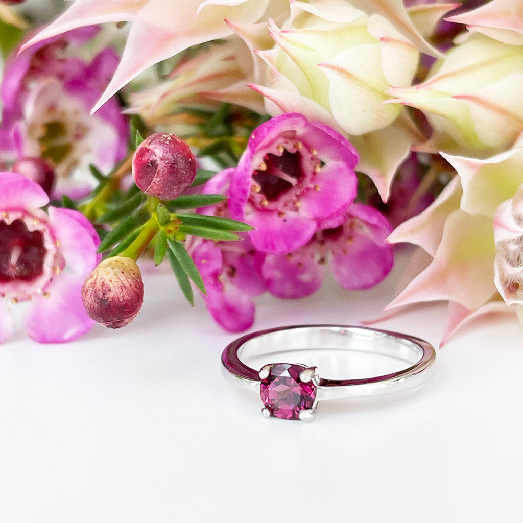 Silver Four Claw Solitaire Rhodolite Round Cut Ring