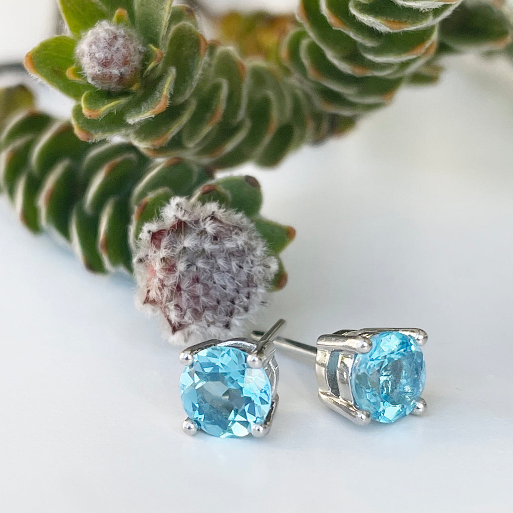 Silver 4 Claw Blue Topaz Studs 6mm x 6mm