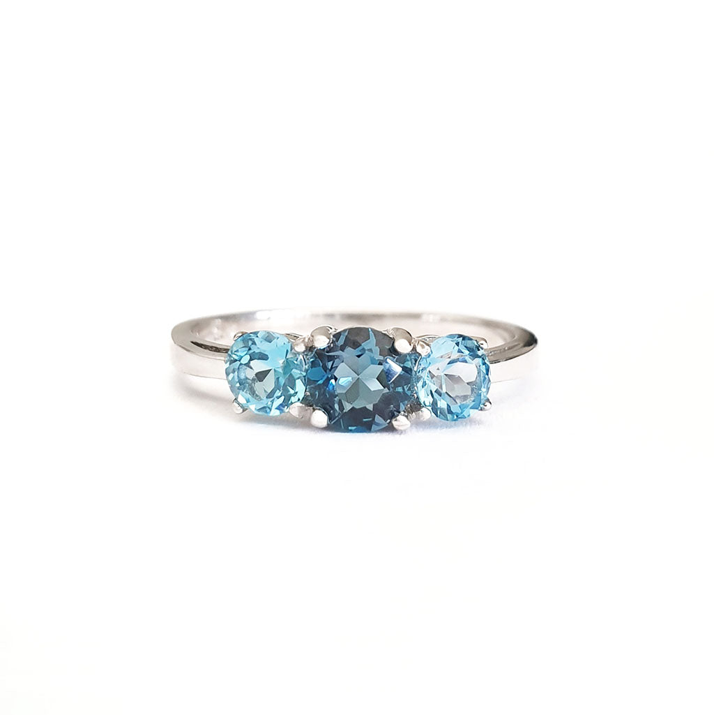 Silver London Blue and Blue Topaz Rainbow Trilogy Ring