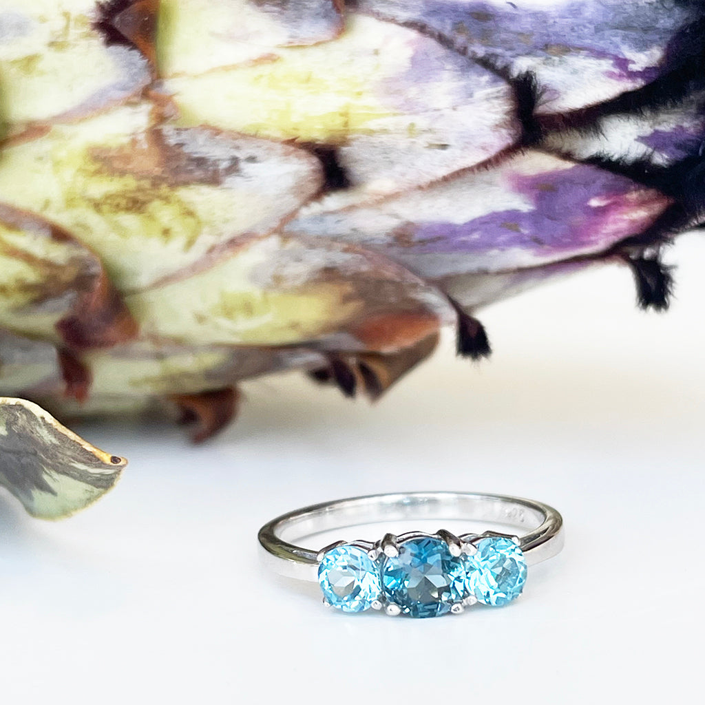 Silver London Blue and Blue Topaz Rainbow Trilogy Ring