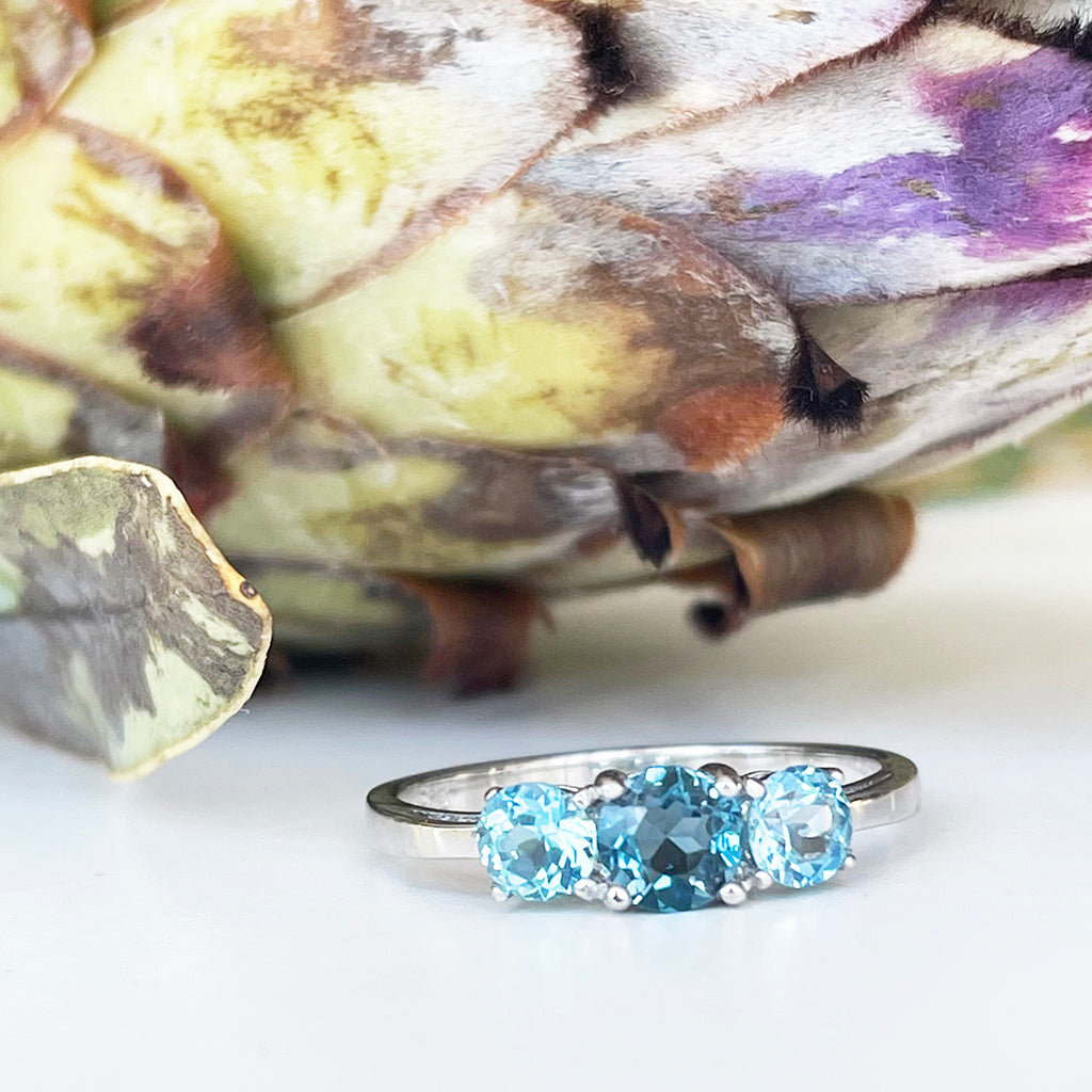 Silver London Blue and Blue Topaz Rainbow Trilogy Ring