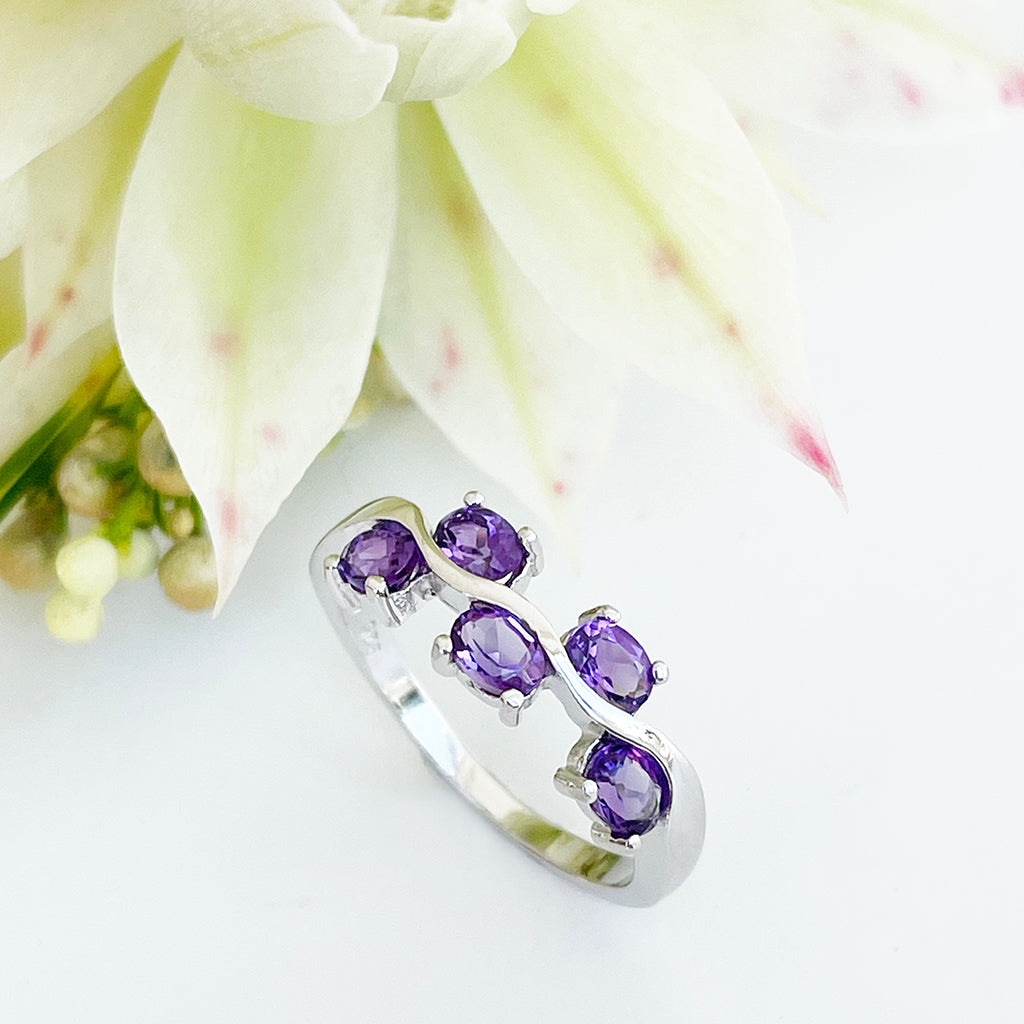 Silver Multiple Oval Amethyst Wave Ring