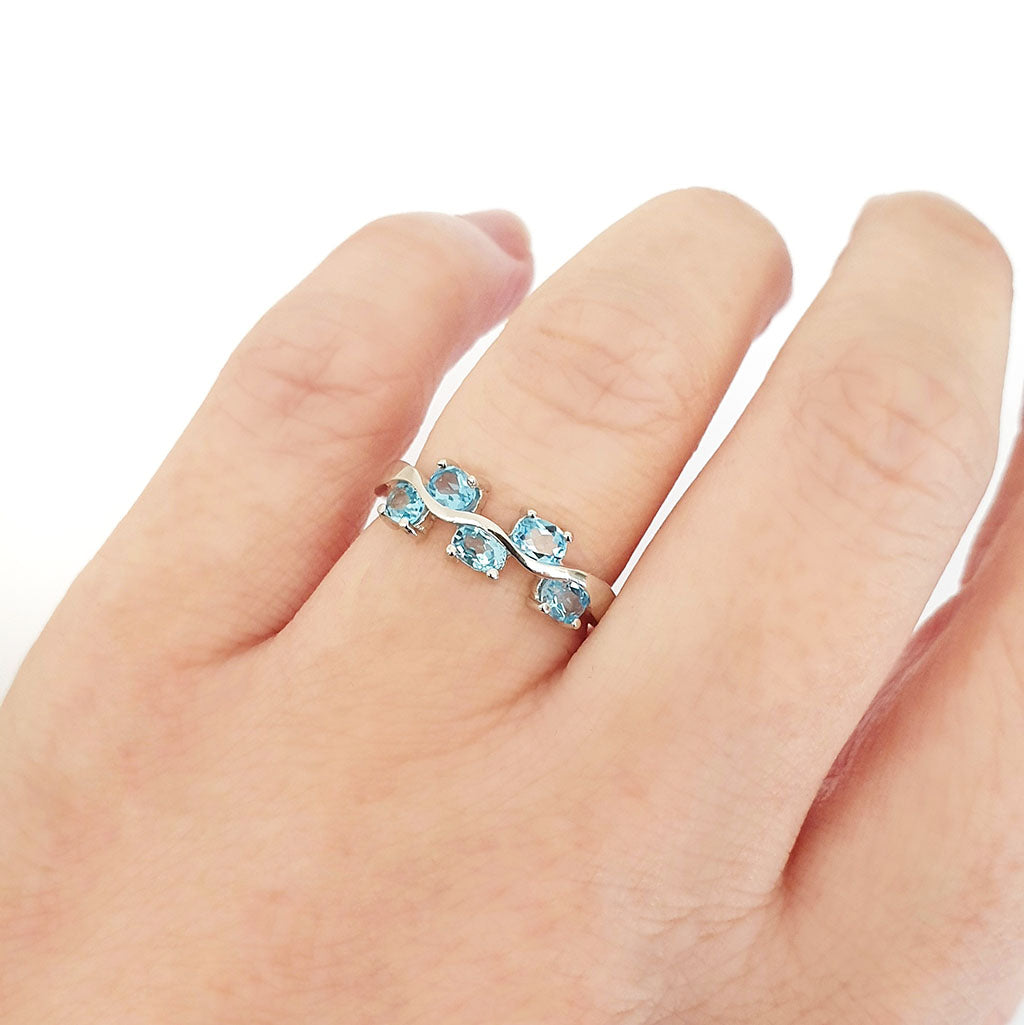 Silver Multiple Oval Blue Topaz Wave Ring