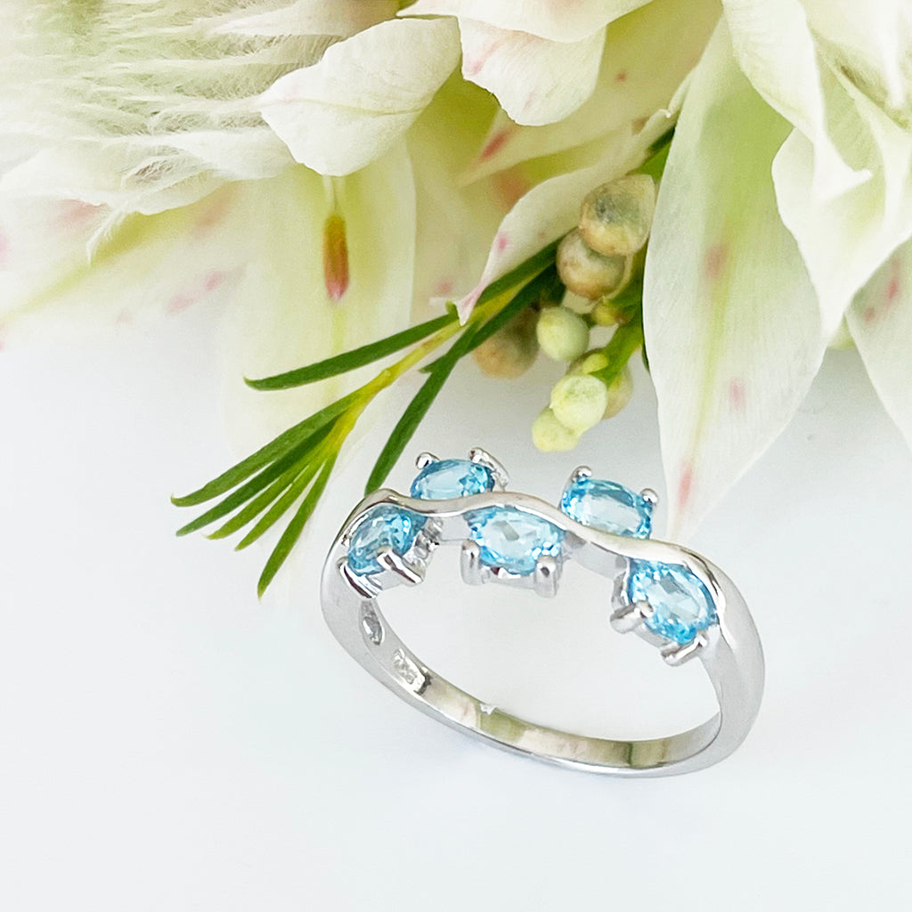 Silver Multiple Oval Blue Topaz Wave Ring
