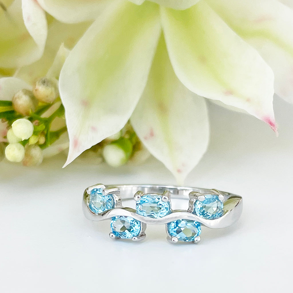 Silver Multiple Oval Blue Topaz Wave Ring