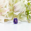 Silver Elongated Cushion Bezel Set Amethyst Ring