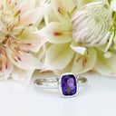 Silver Elongated Cushion Bezel Set Amethyst Ring
