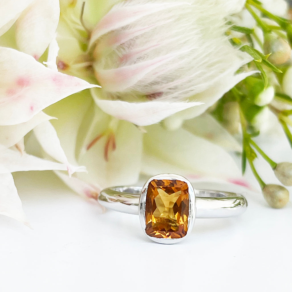 Silver Elongated Cushion Bezel Set Citrine Ring