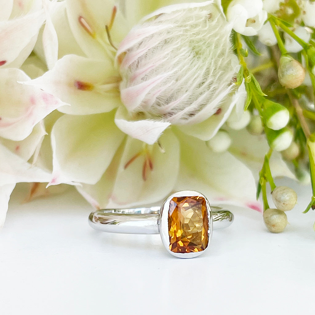 Silver Elongated Cushion Bezel Set Citrine Ring