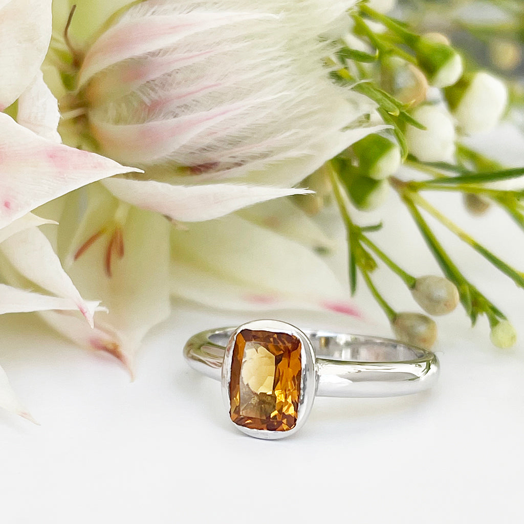Silver Elongated Cushion Bezel Set Citrine Ring
