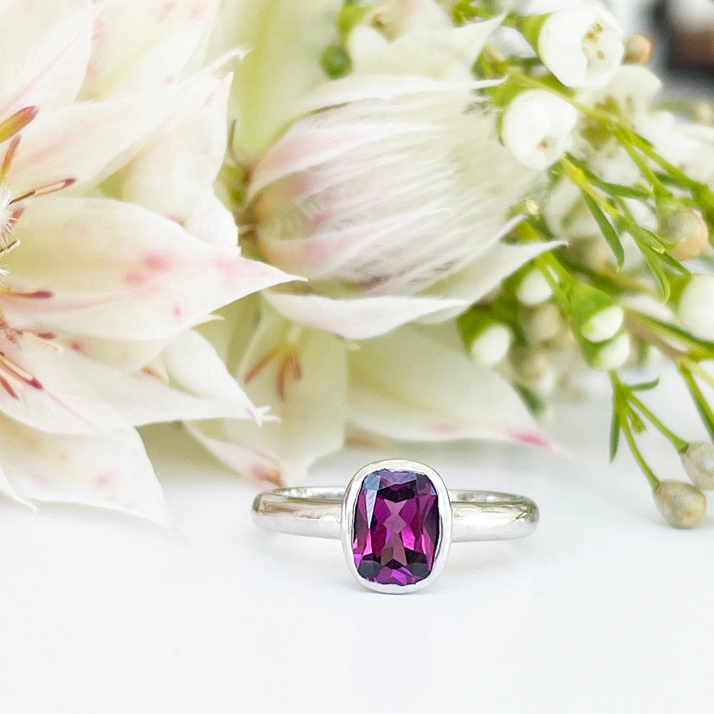 Silver Elongated Cushion Bezel Set Rhodolite Ring