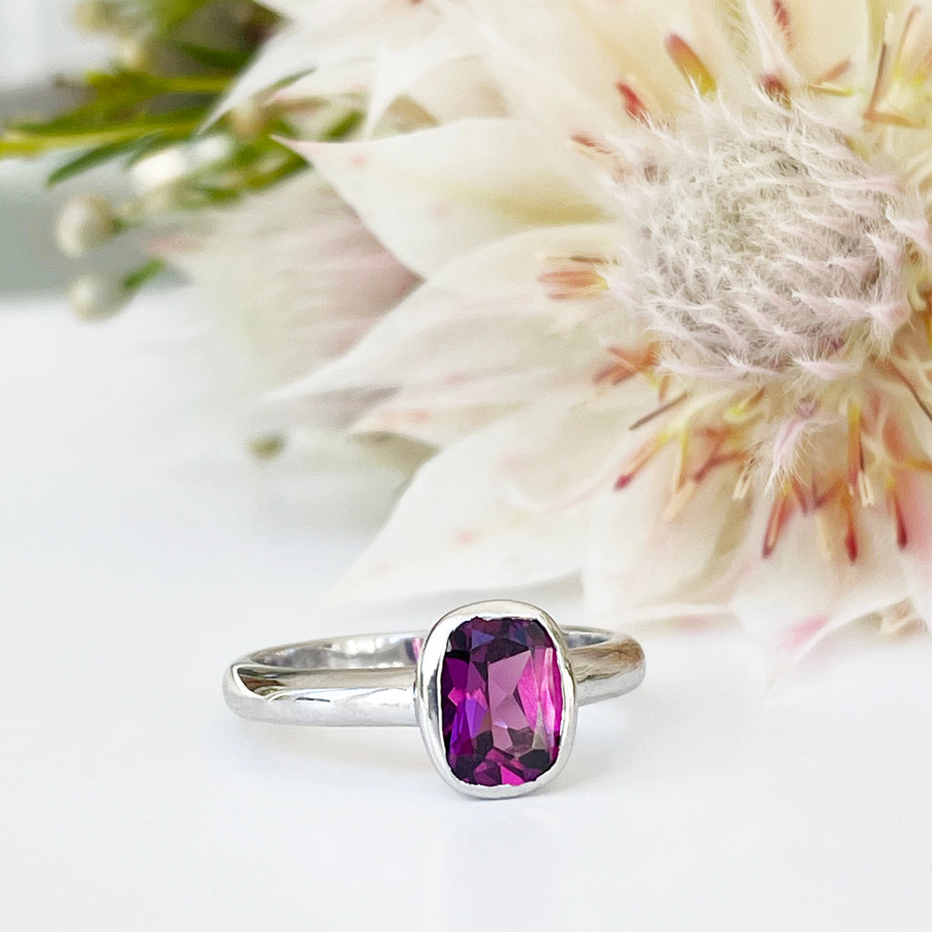 Silver Elongated Cushion Bezel Set Rhodolite Ring