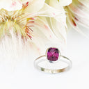 Silver Elongated Cushion Bezel Set Rhodolite Ring