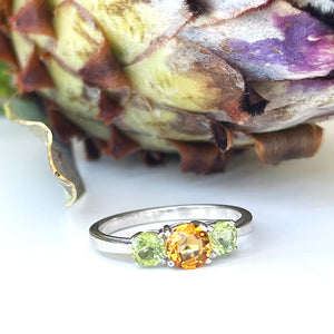 Silver Peridot and Citrine Trilogy Rainbow Ring