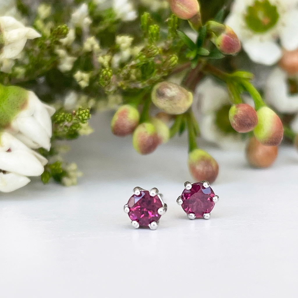 Silver Petite 6 Claw Rhodolite Studs