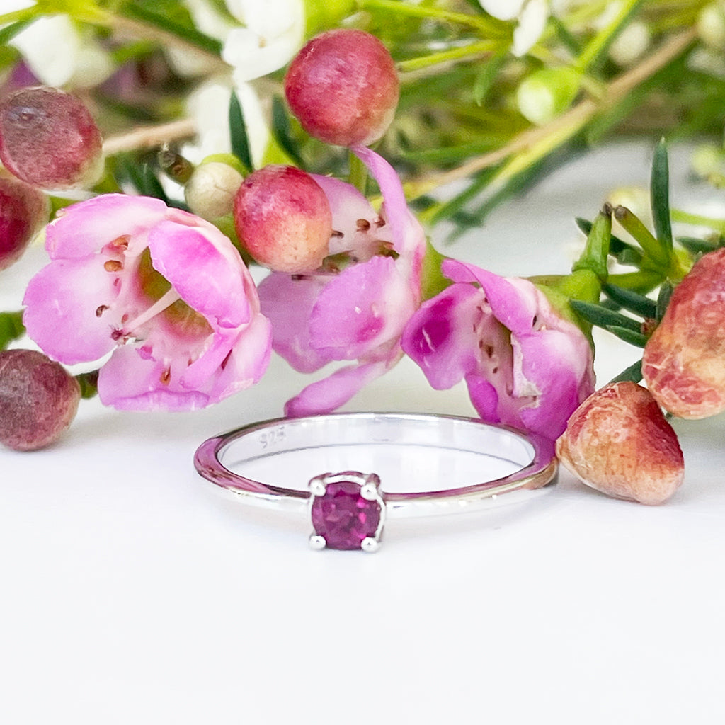 Silver Petite Solitaire Rhodolite Ring