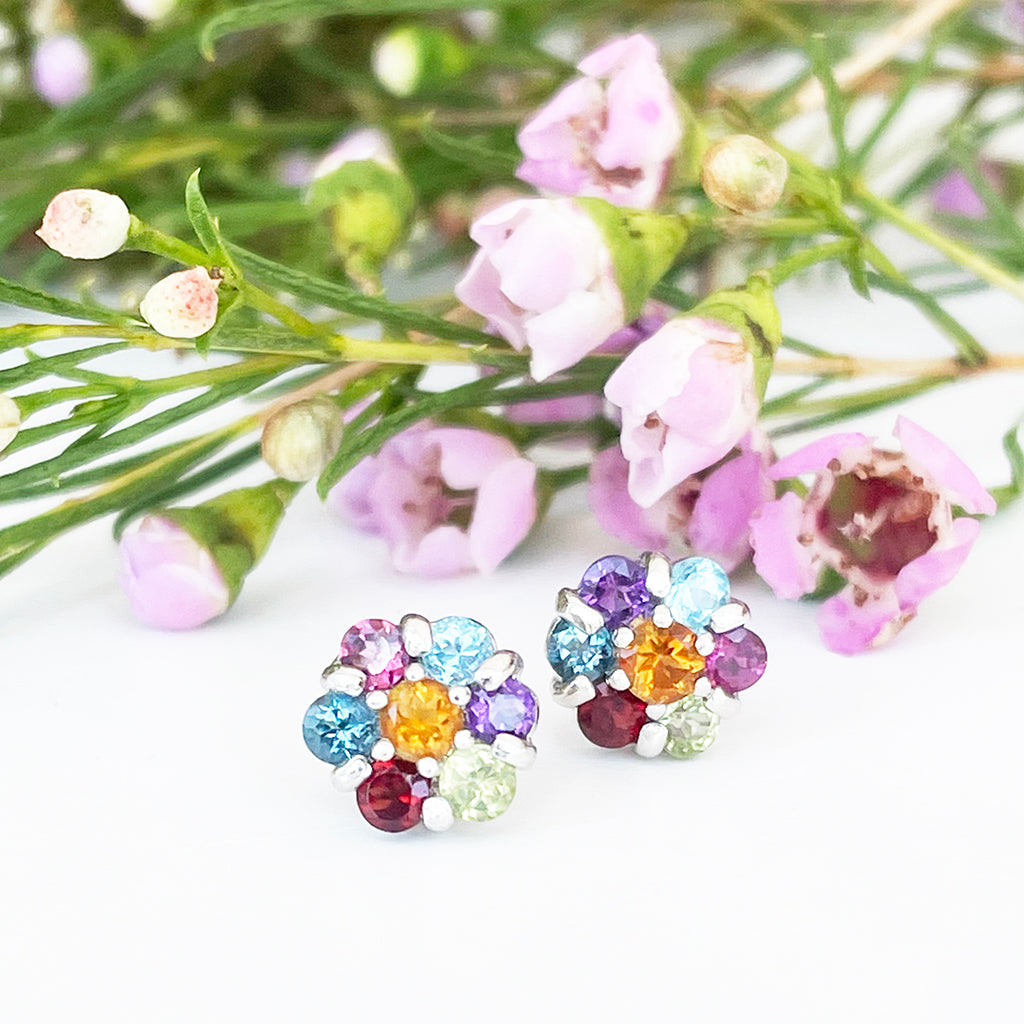 Silver Rainbow Flower Earrings