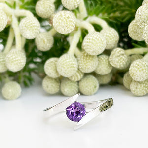 Silver Round Cut Amethyst Twist Ring