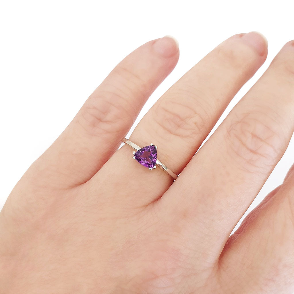 Silver Solitaire Amethyst Trilliant Cut Ring