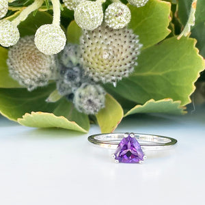 Silver Solitaire Amethyst Trilliant Cut Ring
