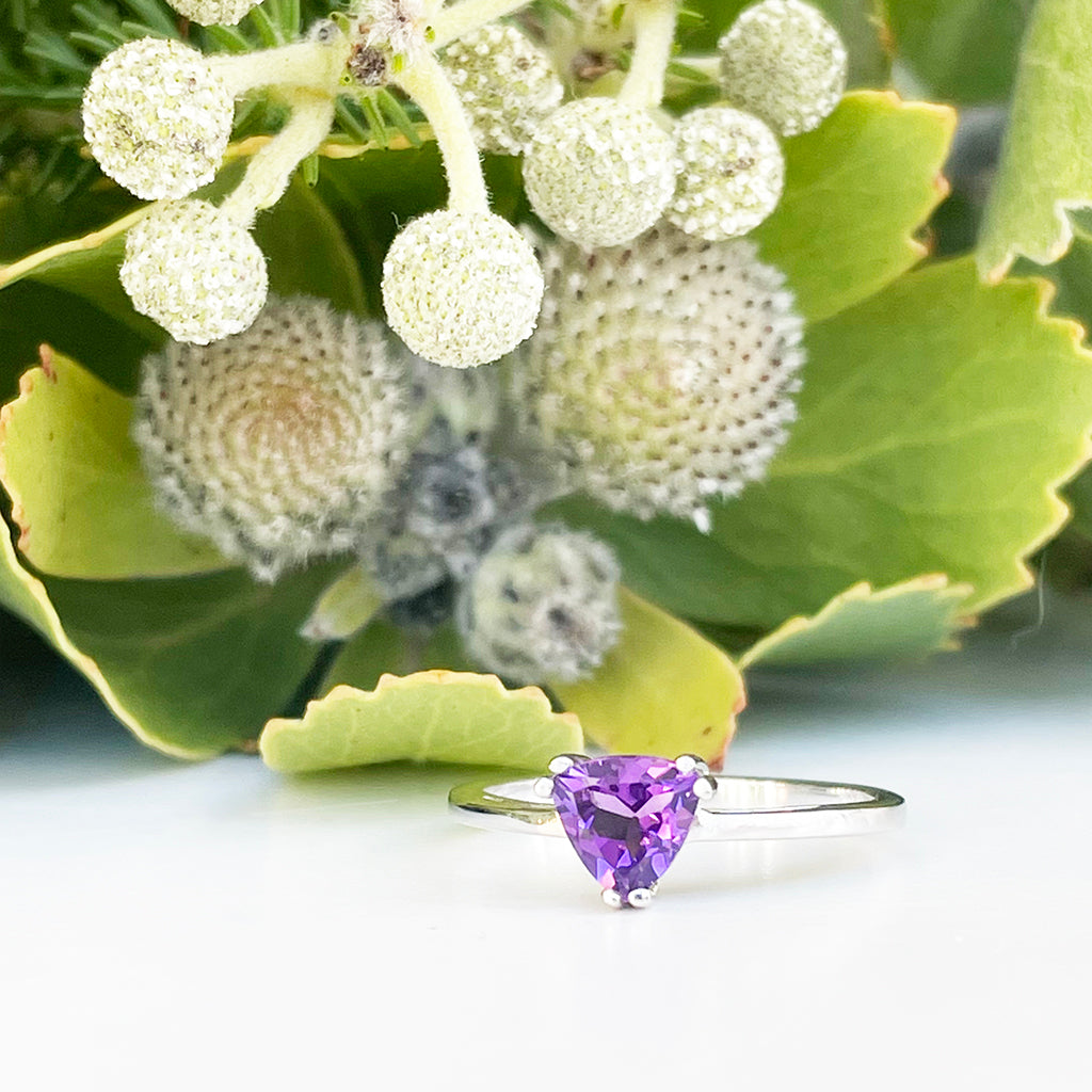 Silver Solitaire Amethyst Trilliant Cut Ring