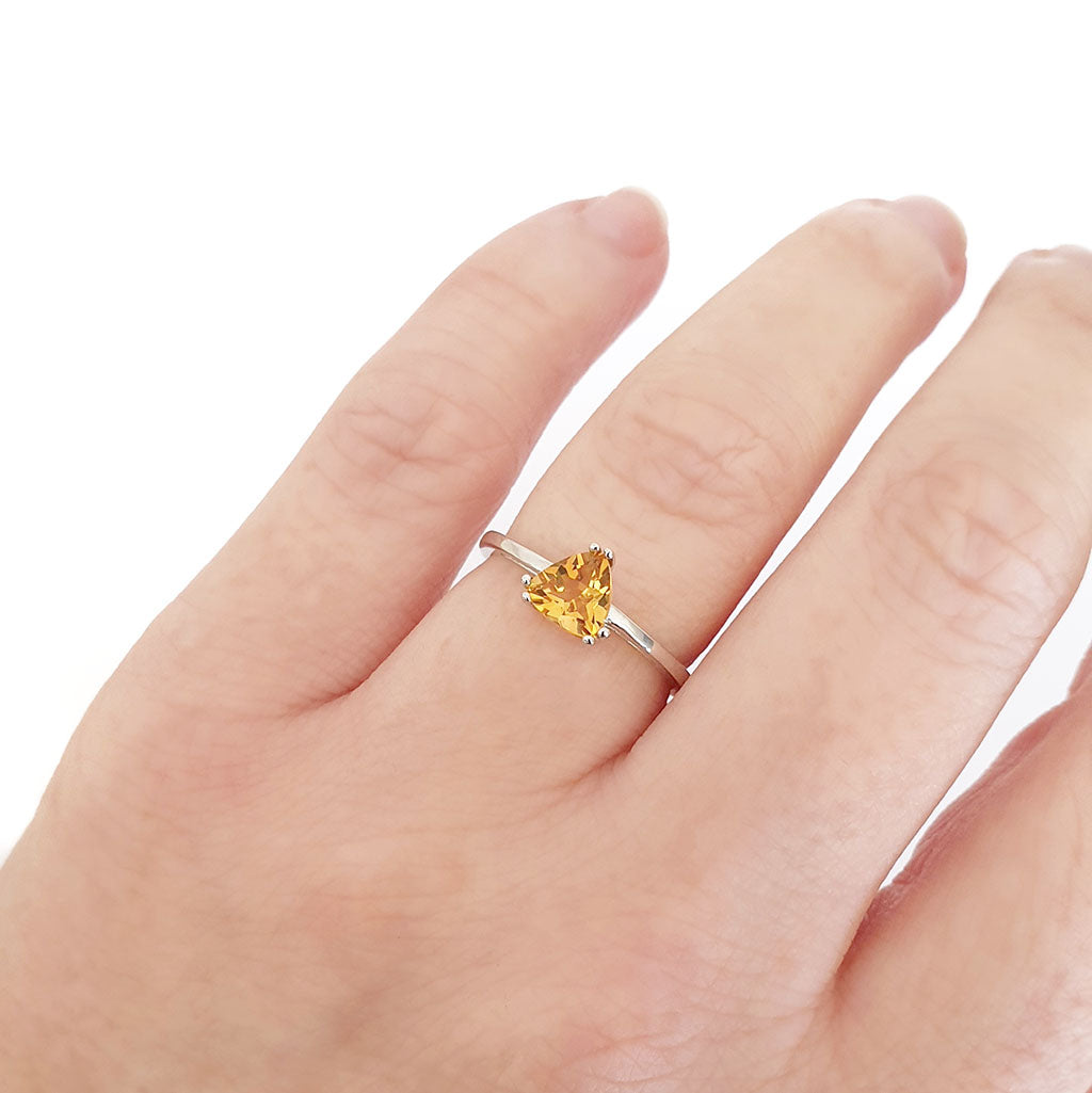 Silver Solitaire Citrine Trilliant Cut Ring