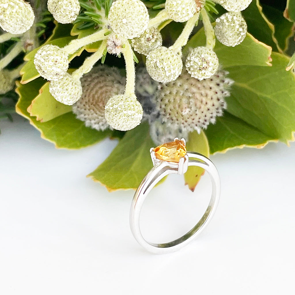 Silver Solitaire Citrine Trilliant Cut Ring