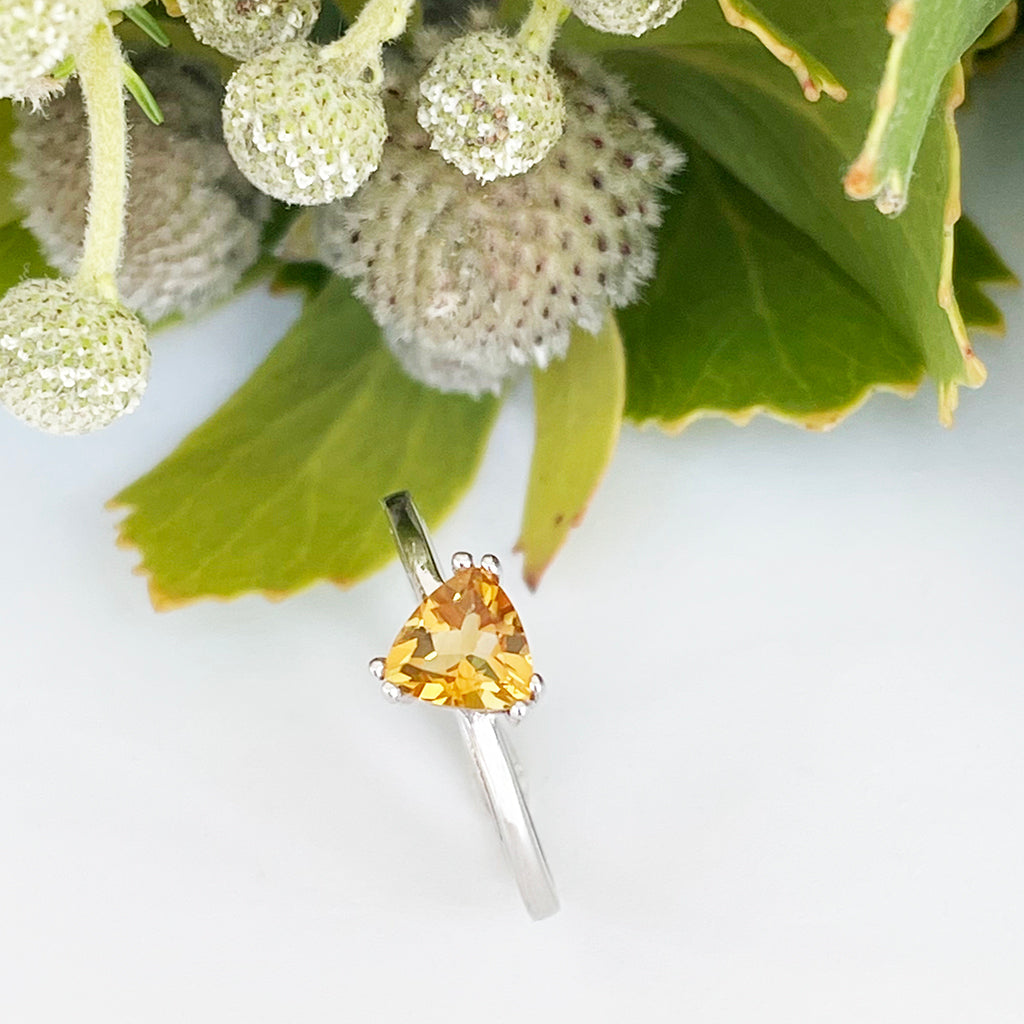 Silver Solitaire Citrine Trilliant Cut Ring