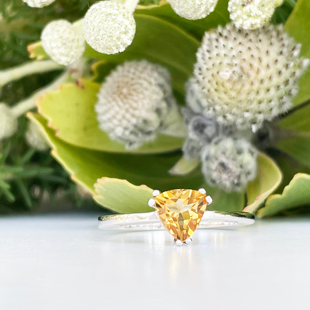 Silver Solitaire Citrine Trilliant Cut Ring