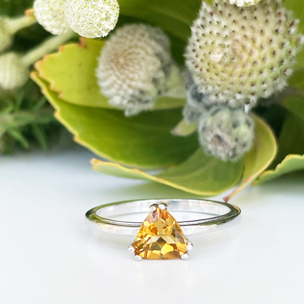 Silver Solitaire Citrine Trilliant Cut Ring